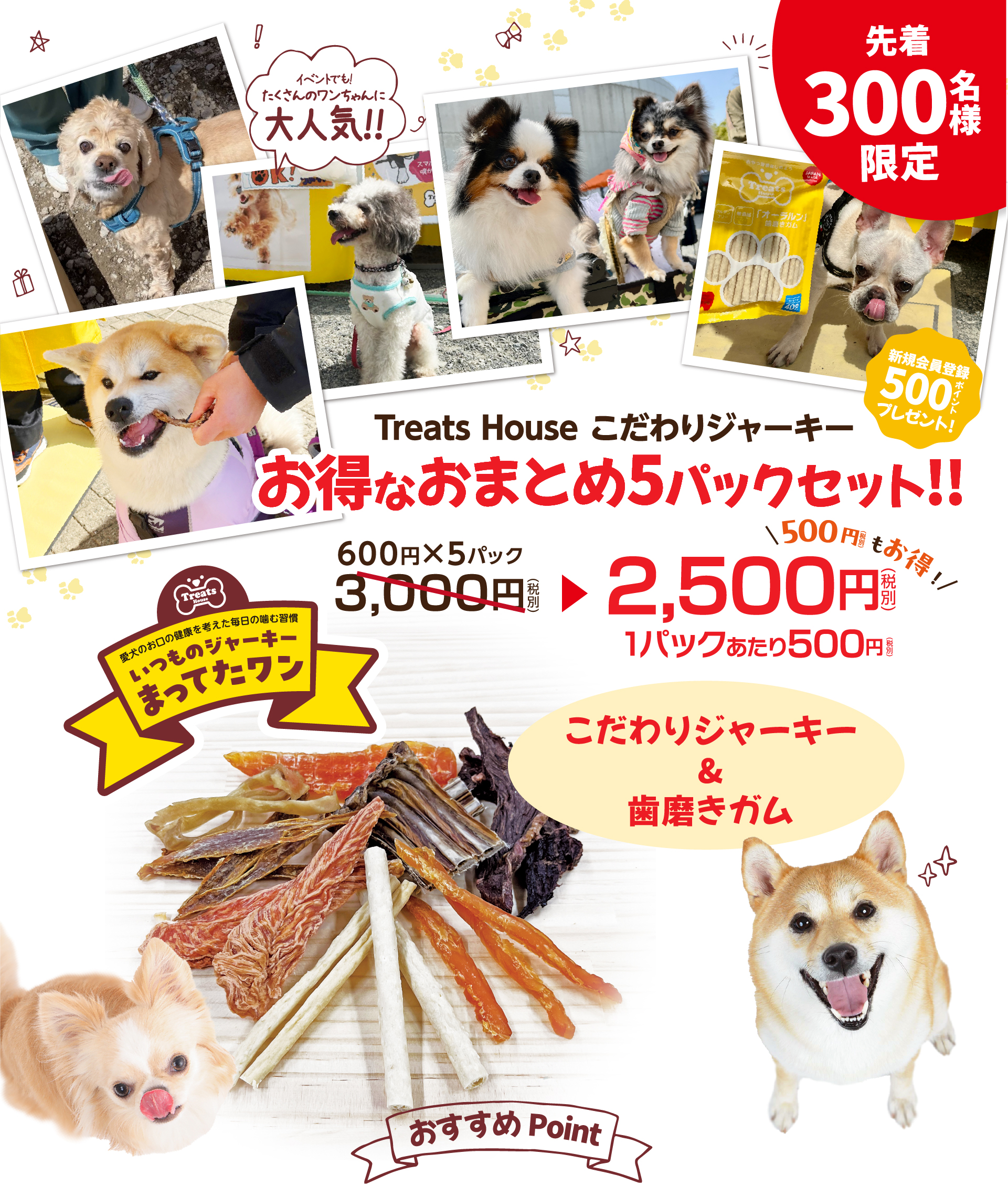 Treats House こだわりジャーキーお得なおまとめ5パックセット!!5パック3000円(税別)が500円もお得な2500円(税別)1パックあたり500円(税別)こだわりジャーキー&歯磨きガム