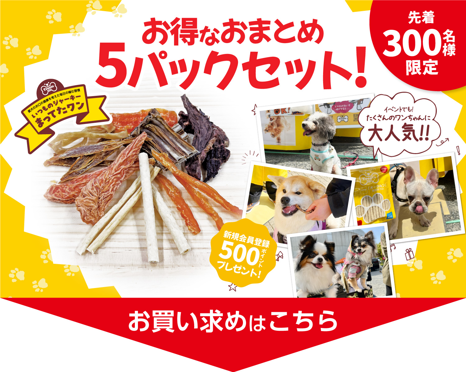 イベントでもたくさんのワンちゃんに大人気！先着300名様限定！Treats Houseこだわりジャーキーお得なおまとめ5パックセット！！